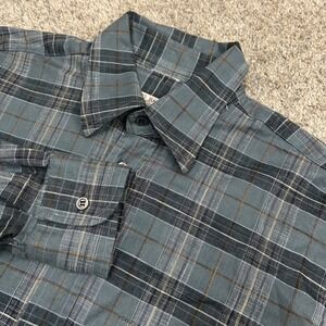 Luciano Barbera Button Down Shirt M Grey Blue Plaid Linen Made in Italy